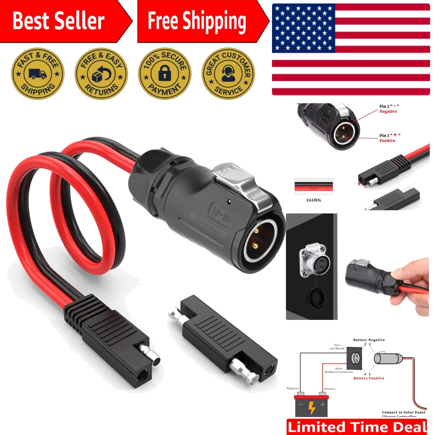 Reliable 10AWG SAE to 2 Pin Industrial Connector - Ideal for Solar and RV Use. Available Now for $31.99