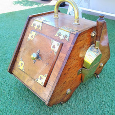 Antique coal box in oak exc  condition brass embellishments shovel Newtown Powys
