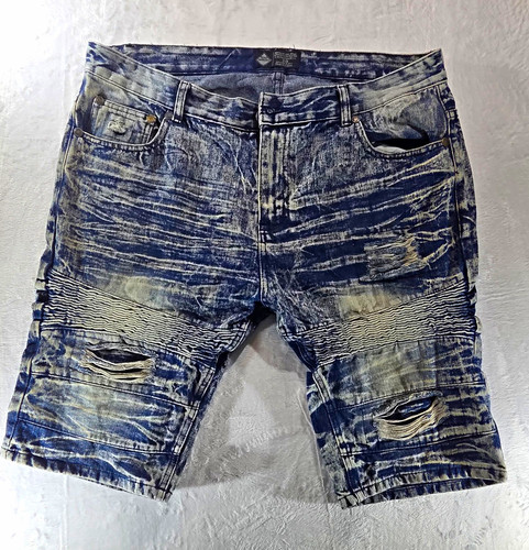 Road Narrow Men's Blue Acid Wash Distressed Biker Denim Shorts 5-Pckt Zip - 0011