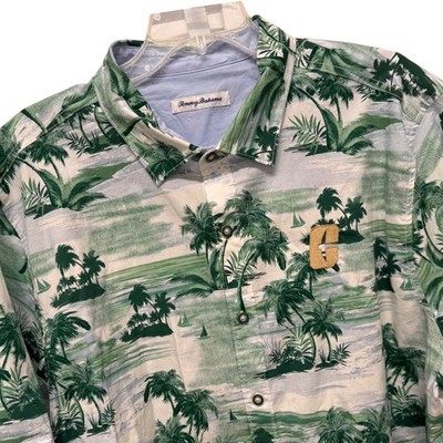 Tommy Bahama Mens XXL Tropical Palm Tree Island Camp Shirt Green Blue w/ G Logo