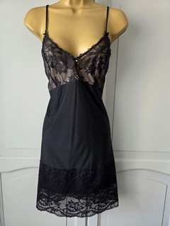 DAMEN VINTAGE FANTASIE SCHWARZ SEIDIG NYLON/POLYAMID/ELASTHAN FULL SLIP GRÖSSE MEDIUM