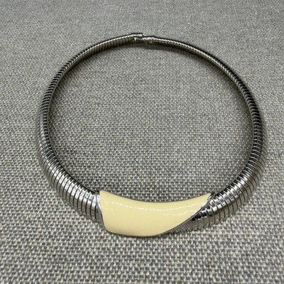 Vintage Monet Necklace Silver Tone Omega Chain Cream Enamel 17 Inches READ