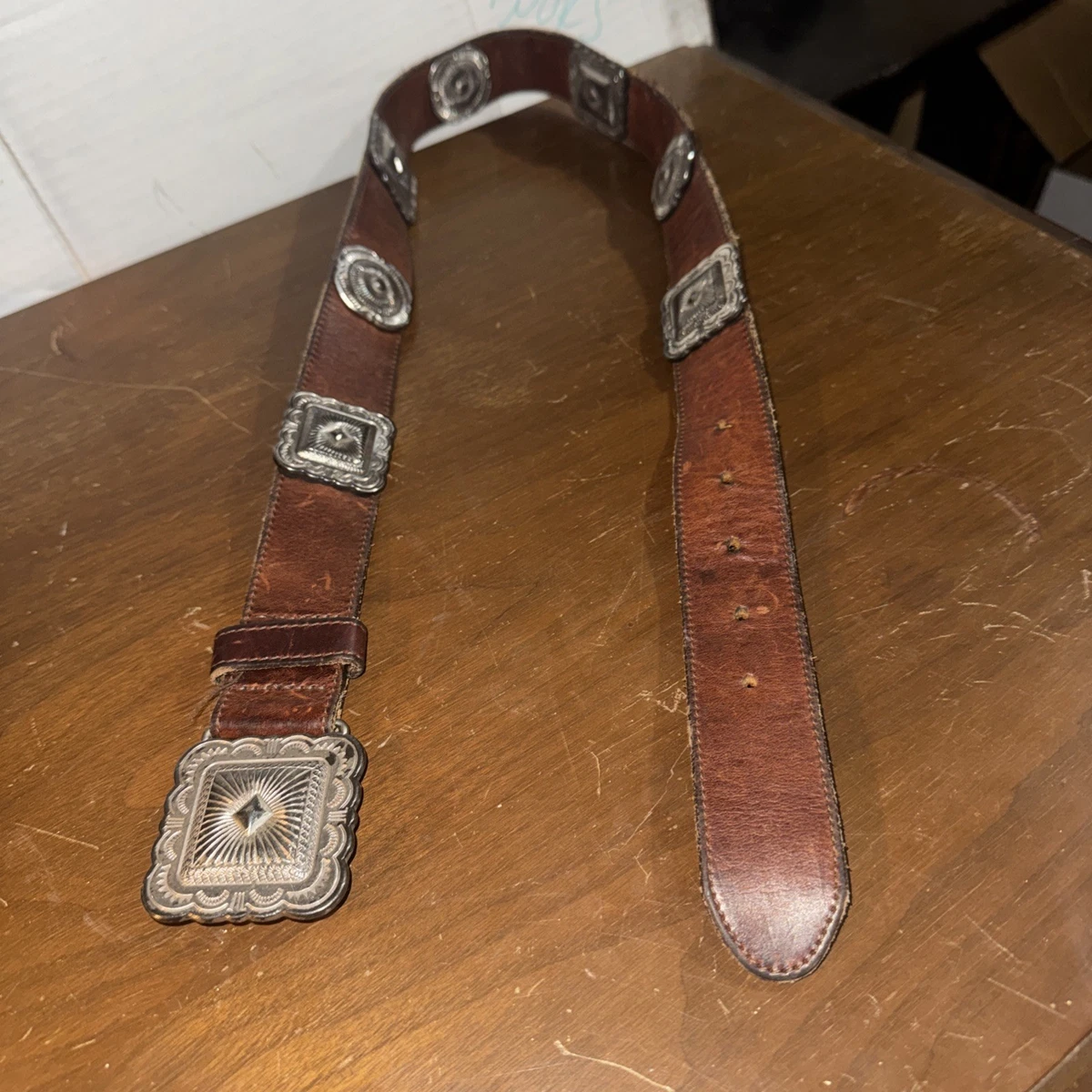 Vintage Concho Western Leather Belt Silver Buckle Tan Brown Women 36 USA 1996 Justin Boots VNTG 1996 Brown Leather Belt | Mercari main image 3