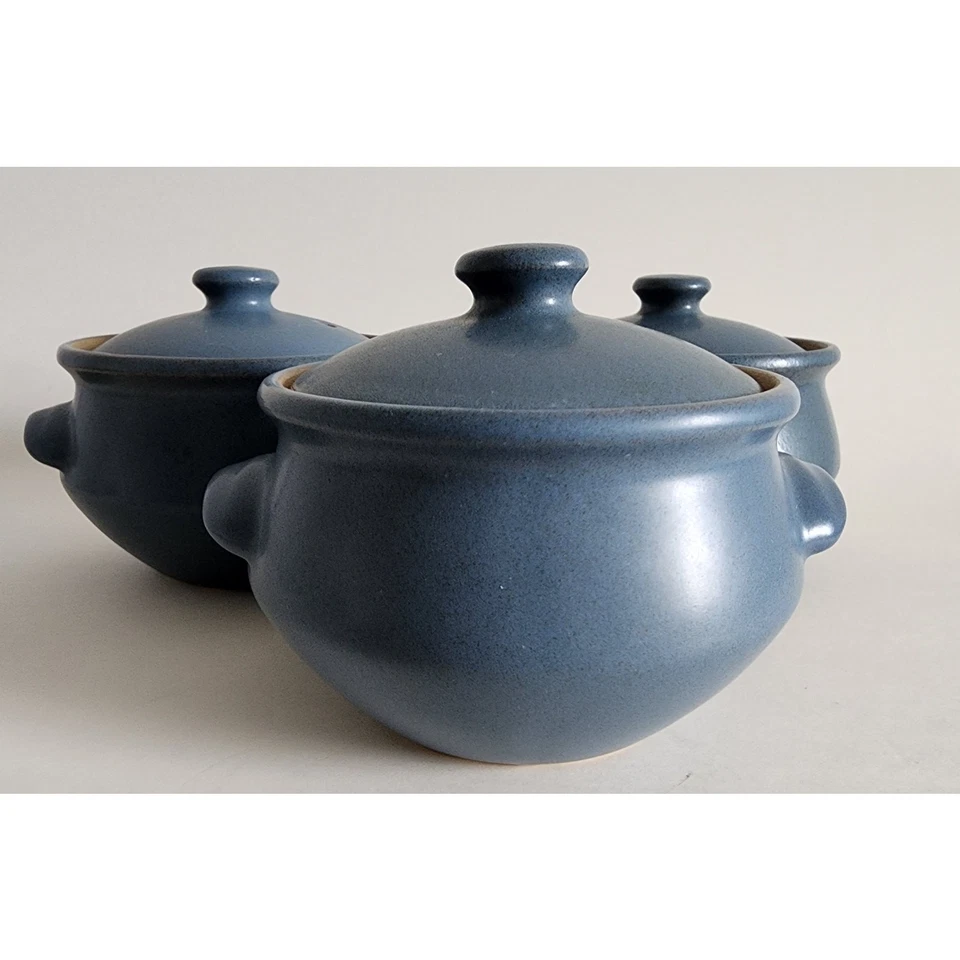 Tigelas de sopa vintage Denby azul com tampa conjunto de 3 1/2 pt grés feitas na Inglaterra - Imagem 2 de 4