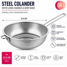 Colander Strainer with Long Handle Deep Base Stainless Steel Kitchen Drainer UK