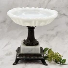 Vintage Pedestal Soap Dish Milk Glass & Metal Ornate W/ Marble Trinket Dish