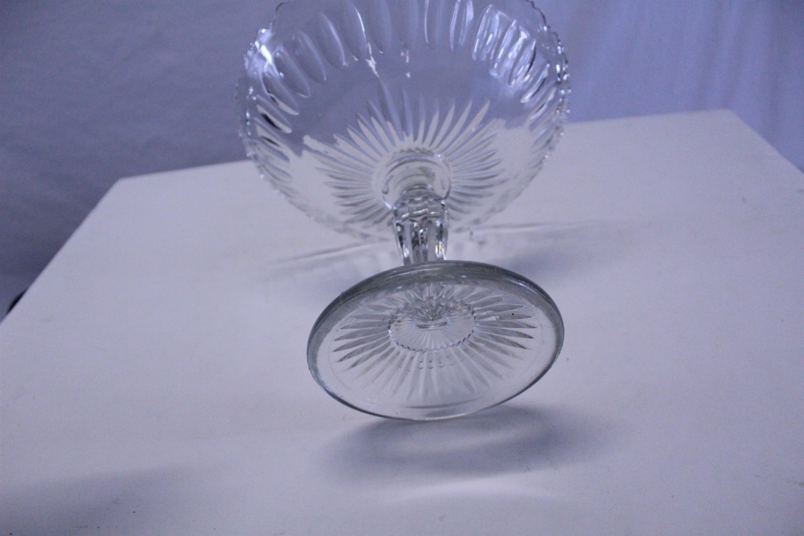 Clear Glass Pedestal Centerpiece Bowl with Scalloped Top Rim 9" diameter Vintage