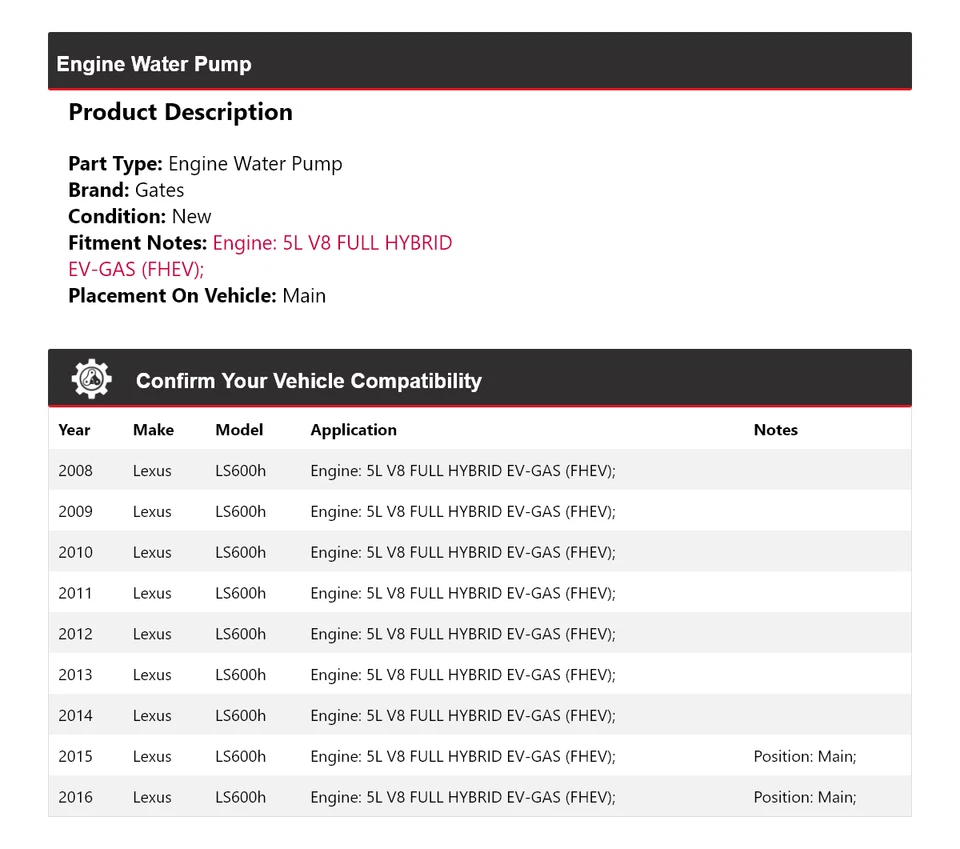 Puertas de bomba de agua para motor Lexus LS600h 2008-2016 2009 2010 2011 2012 2013 2014 Foto 2 de 4