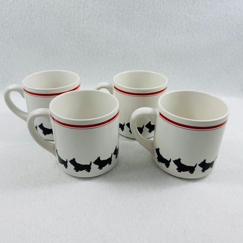 Ceramic Mugs Black Scottish Terrier Dog Pattern & Red Stripe Set of 4 - Picture 2 of 8