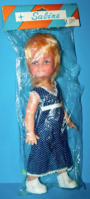 SABINE 35 cm PLASTIK PUPPE VINTAGE HONG KONG DOLL VINYLKOPF SUPI SCHÖN OVP 1970s