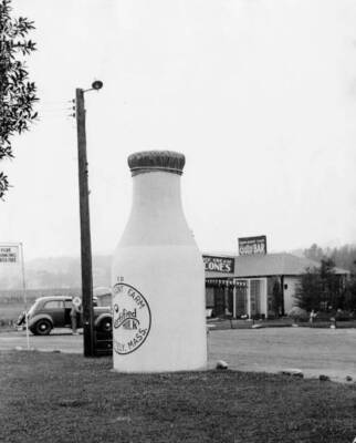 Giant model bottle 'Certified Milk' Quon Quont Farm & milk bar Wha Old Photo