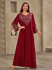 Long Dress Abaya Women Muslim Maxi Robe Rhinestone Kaftan Formal Party Gown Arab