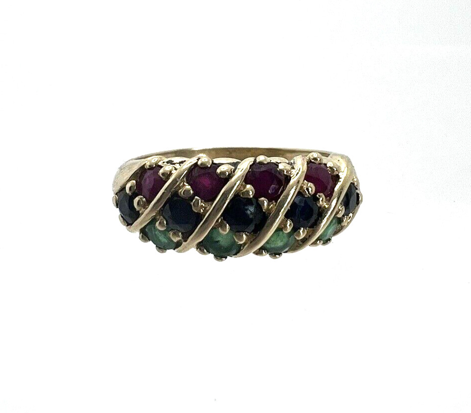 Solid 14K Yellow Gold Emerald Ruby Blue Sapphire … - image 2