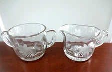 CLEAR ETCHED FLORAL GLASS Sugar Bowl  and Creamer Set VTG