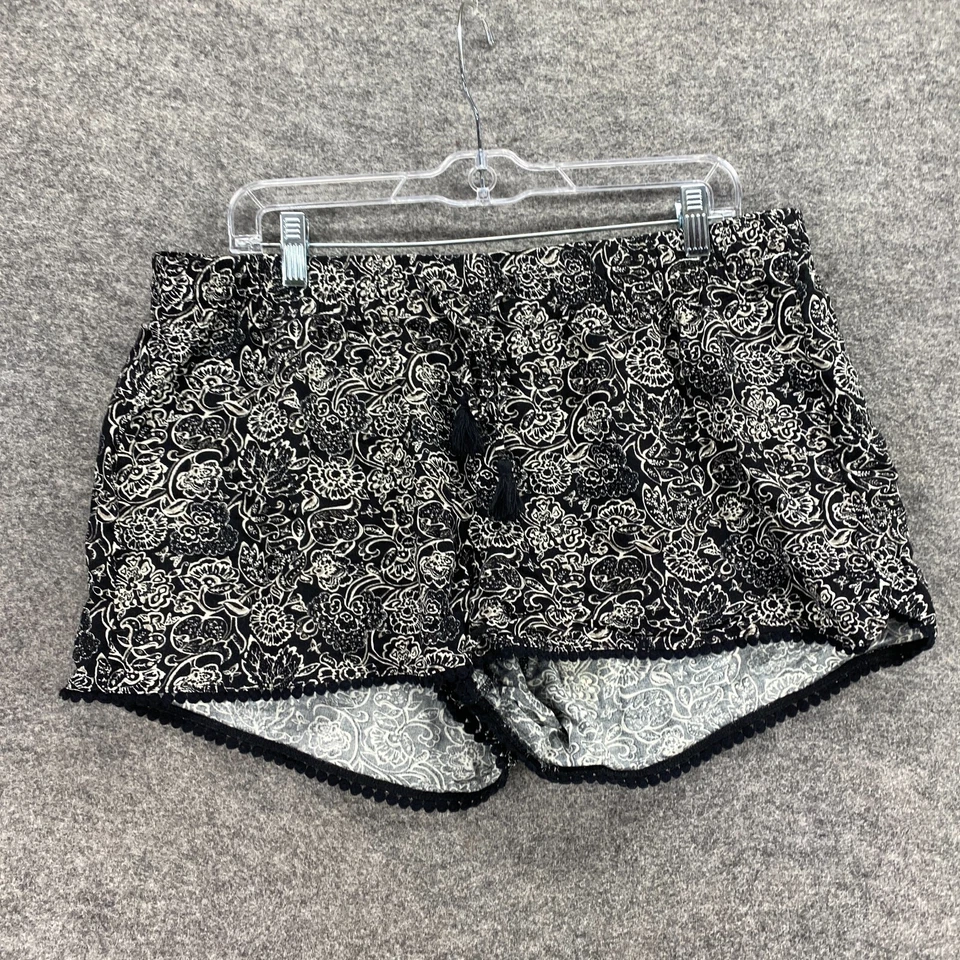 Pantalones Cortos Old Navy Mujer L Grandes Negros Florales Tiro Alto Cordón Caliente Rayón Foto 4 de 4