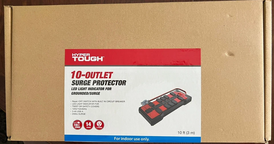 New 10-Outlet Surge Protector, 10ft Cord, 2 USB 3.4 A, 15A/120V/60Hz - Image 2 of 3