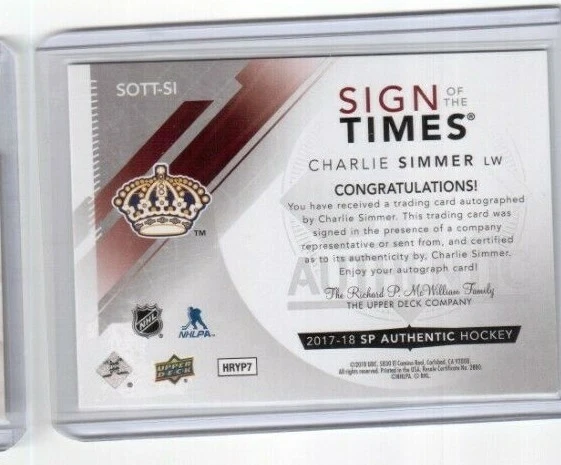 2017-18 SP Authentic Sign Of The Times SOTT-SI Charlie Simmer LA Kings (SP)1:211 - Image 2 of 2