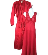 Vintage Full Length Red Satin Peignoir Set Nightgown Robe Honeymoon Bridal Small