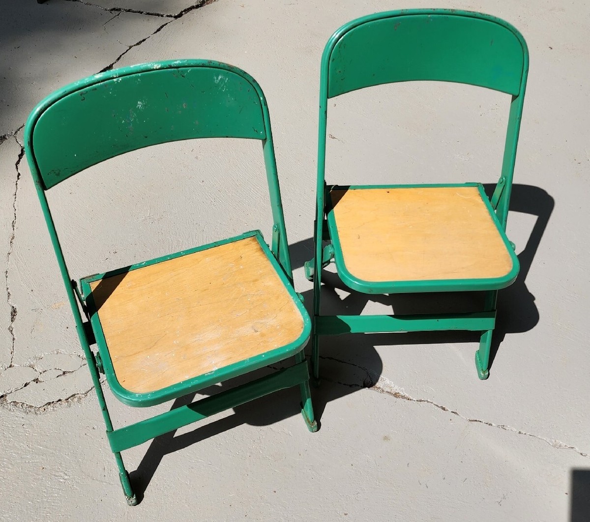 2 Vintage 1950s Industrial Metal Green Children's Folding