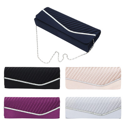 Elegant Pleated Satin & Crystal Flap Clutch Evening Bag - Diff Colors Avail