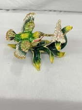 Kingspoint Design Hummingbird Pink Hibiscus Flower Enamel Bejeweled Trinket Box