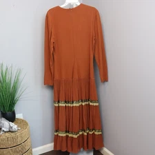 Vintage Barboglio Cristina Jan Boho Maxi Dress Rust Gold Trim Long Sleeve Sz 12