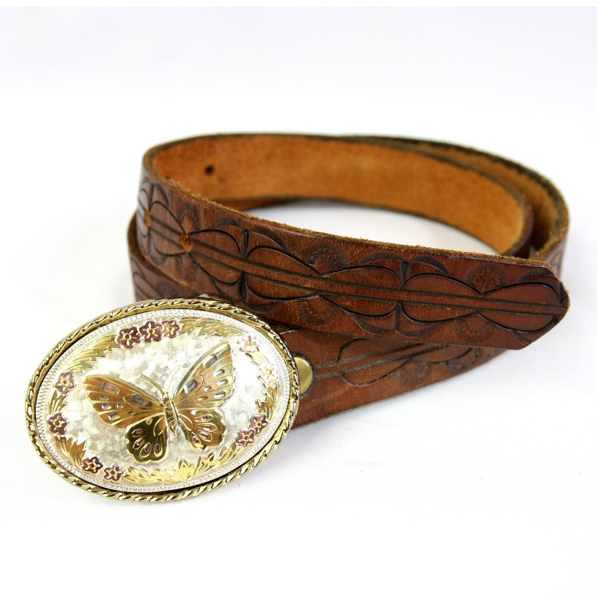 Vintage Tooled Leather Tan Embossed Belt Silver Buckle LOU Butterfly & Unicorn HippieButterflyBeltBK96.jpg?  main image 2
