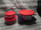Pyrex glass bowls and dish with lids- lot of 4