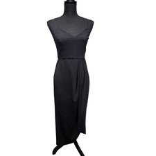 Lulus Reinette Black Midi Cocktail Dress S Pleated Side Slit Spaghetti Strap