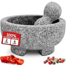 PriorityChef Granite Mortar and Pestle Set - 8 Inch Natural Stone 4 Cup, Grey