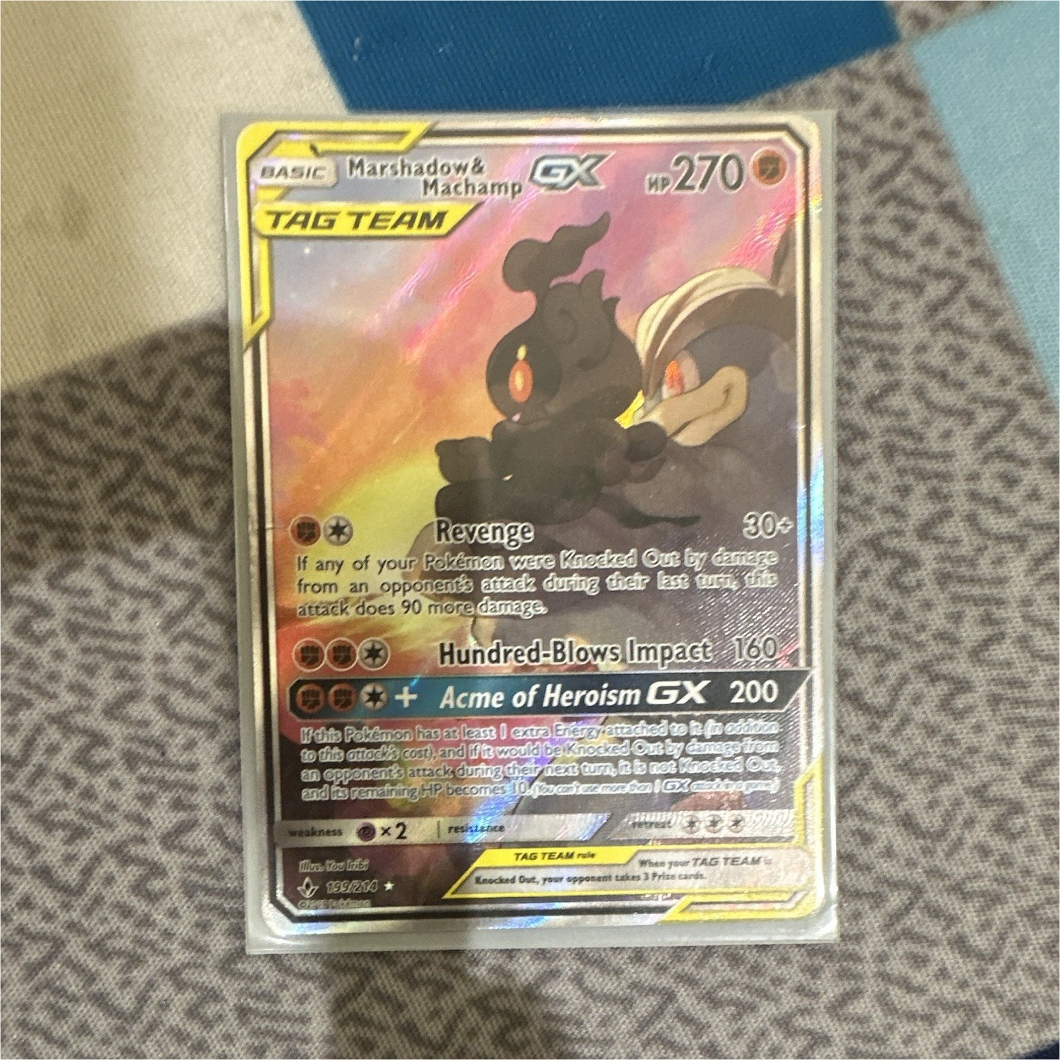 Pokemon Marshadow & Machamp GX 199/214 Unbroken Bonds TAG TEAM Full Art Holo