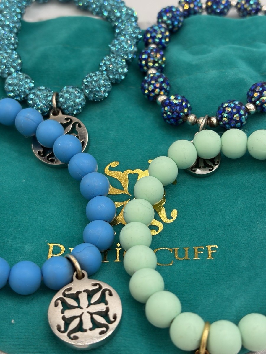 Rustic Cuff 4 Bracelet Stack Aqua Blue Mint Crystal RC Charm Stretch Set View 3