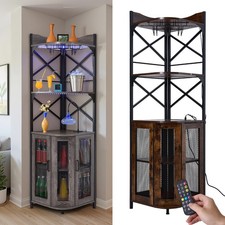 5 Tier Corner Bar Cabinet Rustic Wine Buffet Cabinet with Led Lights & UK Socket