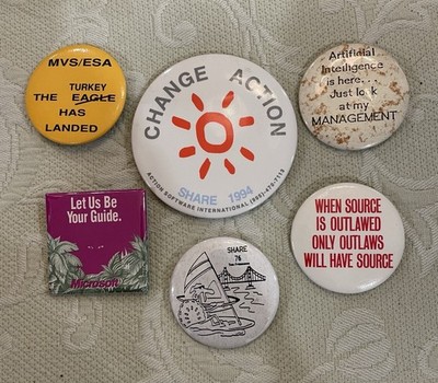 Lot of 6 - Vintage 1990 s - Computer Tech IT Related Button Pins Share/User
