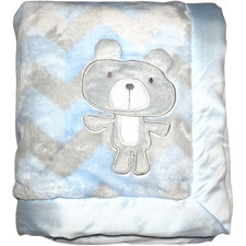 Baby Essentials Blue Gray Bear Chevron Zig Zag Blanket Soft Plush 3D Ears