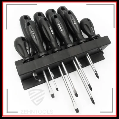 ZEHN TOOLS 10 SOFT GRIP SCREWDRIVERS MAGNETIC PHILIPS POSI SLOTTED SET WALL STORAGE RACK
