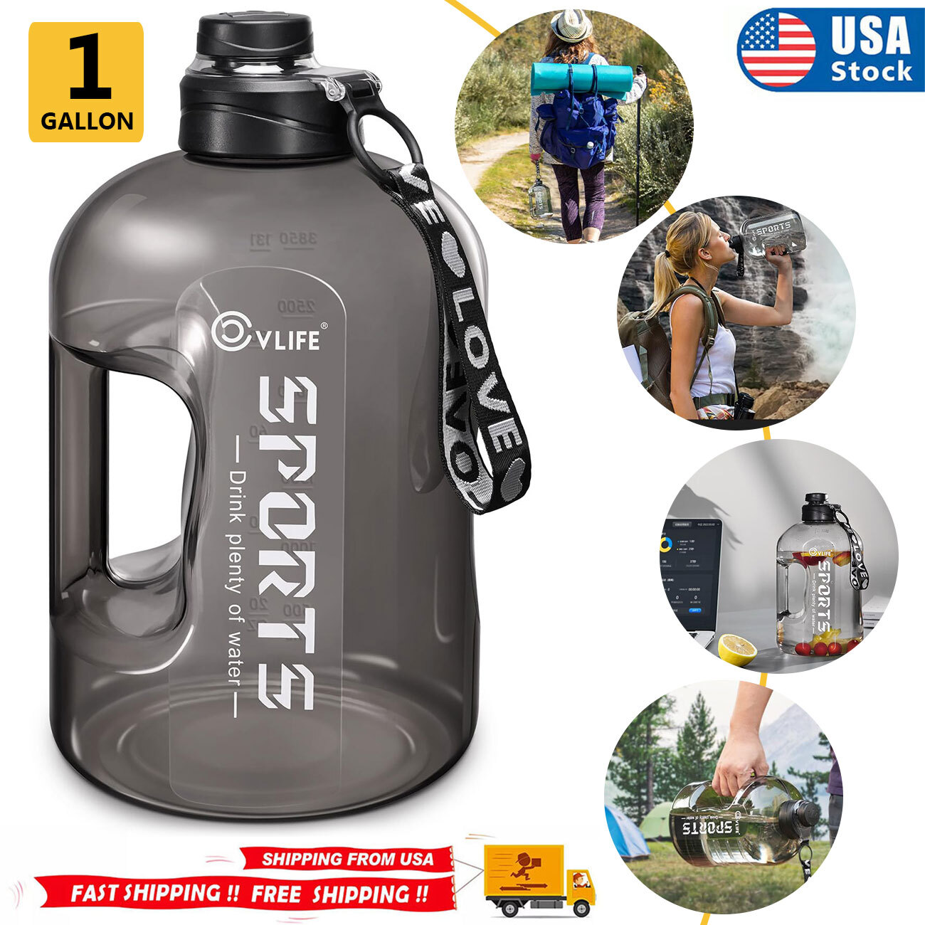 CVLIFE 1 Gallon/128oz Wide Mouth Water Bottle Big Sports Water Jug for Gym Black