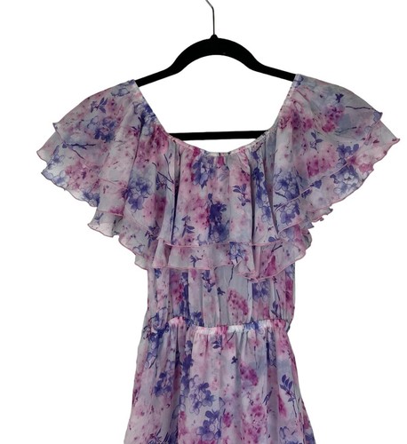 Cari Capri Floral Print Barbados Mini Dress Size XS Ruffle Purple Off Shoulder - Picture 5 of 9