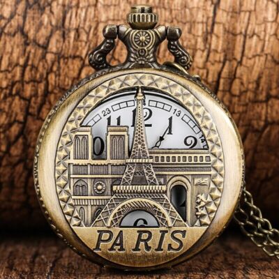 Vintage Style Paris Tower Design Men Women Quartz Pocket Watch Necklace  Chain