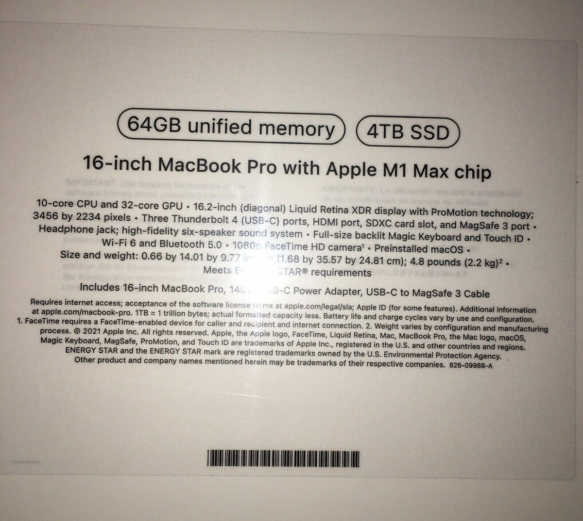 Apple MacBook Pro 16'' (4TB SSD, Apple M1 Max, 3.2GHz, 64GB Apple MacBook Pro 16'' (4TB SSD, Apple M1 Max, 3.2GHz, 64GB