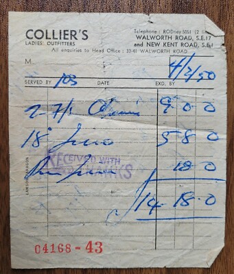 1950 Collier's Damen Outfitters, Walworth Rd, New Kent Rd. Quittung.