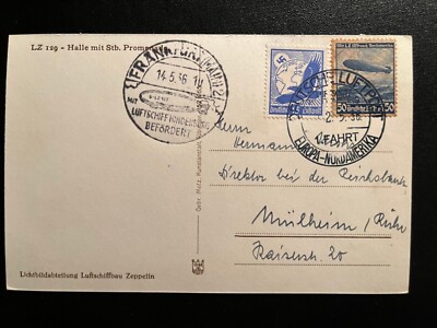 1936年 ドイツ　LZ129「ヒンデンブルク」飛行船郵便カバー　歴史的遺産 1936 Germany LZ 129 Hindenburg Zeppelin Airmail Postcard Cover to