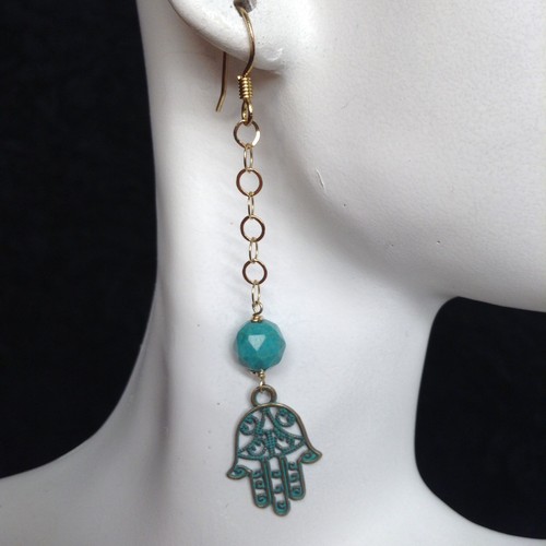 Gold Chain Turquoise Hamsa Hand Of Fatima Spiritual BOHO Dangle Drop Earrings - Picture 3 of 6