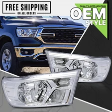 Pair LH+RH Chrome/Clear OE Style Headlight Assembly Lamp fit 2019-2022 Ram 1500