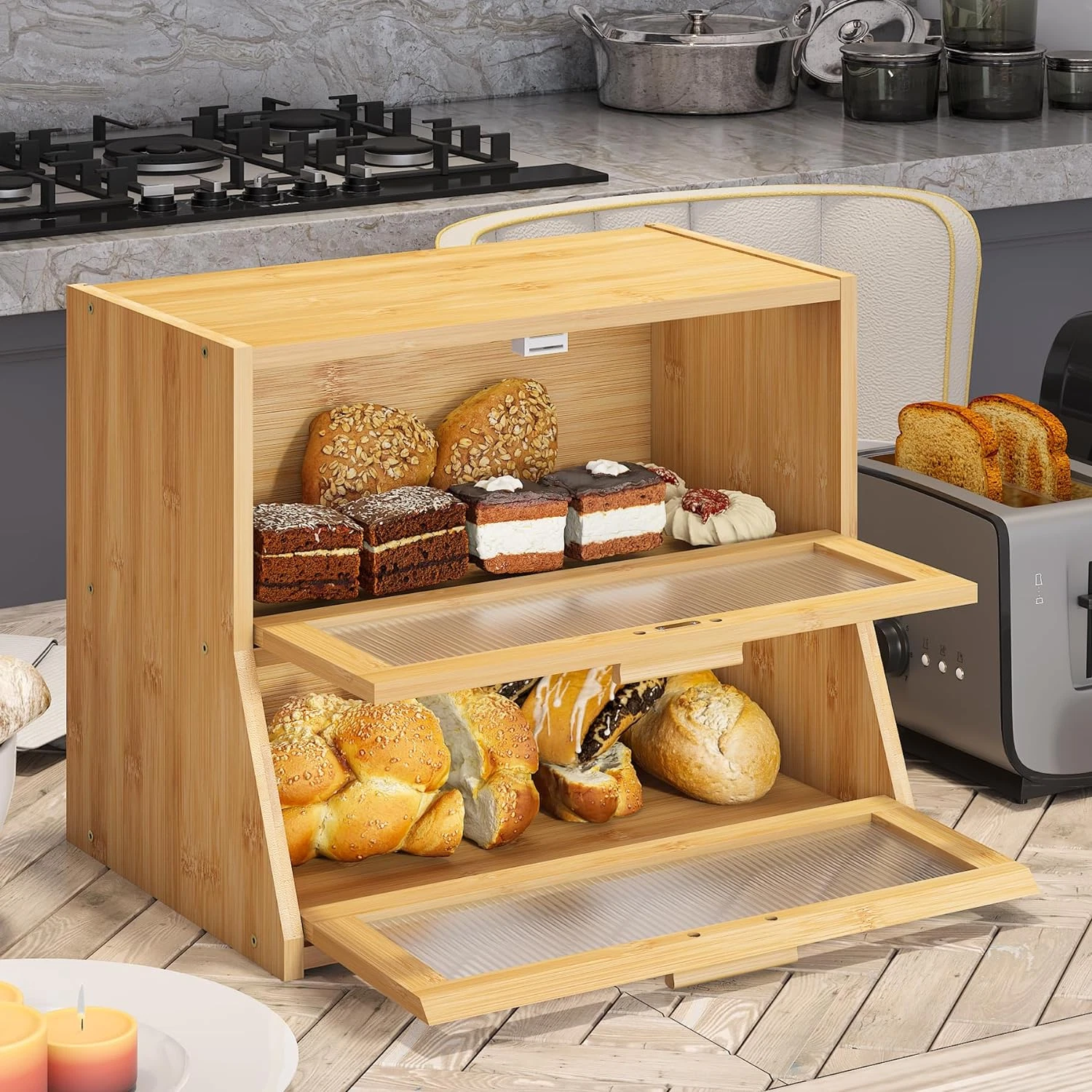 Large Bread Box Double Layer Bamboo Kitchen Counter Farmhouse Box Storage Bin