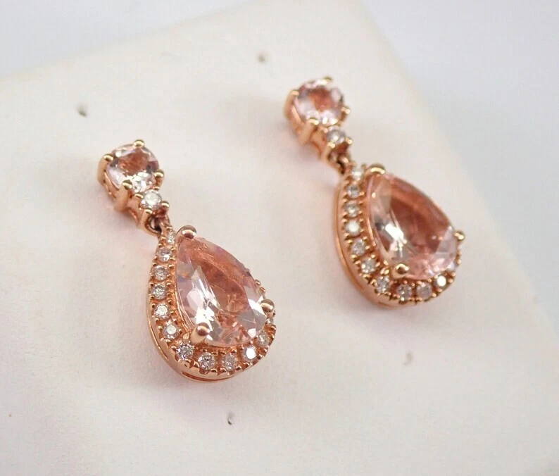 Natural Morganite 2.25Ct Pear Cut Halo Dangle/Drop Earrings 14K Rose Gold Plated - Image 2 of 4