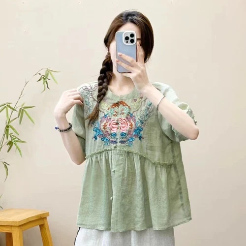 Camicia retrò sciolta etnica cotone lino ricamato top cardigan estivo cinese - Foto 11 di 29