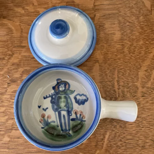 Vintage M.A. Hadley Pottery Hand Painted Farmer Soup Crock Bowls 4.5" 2” Handle