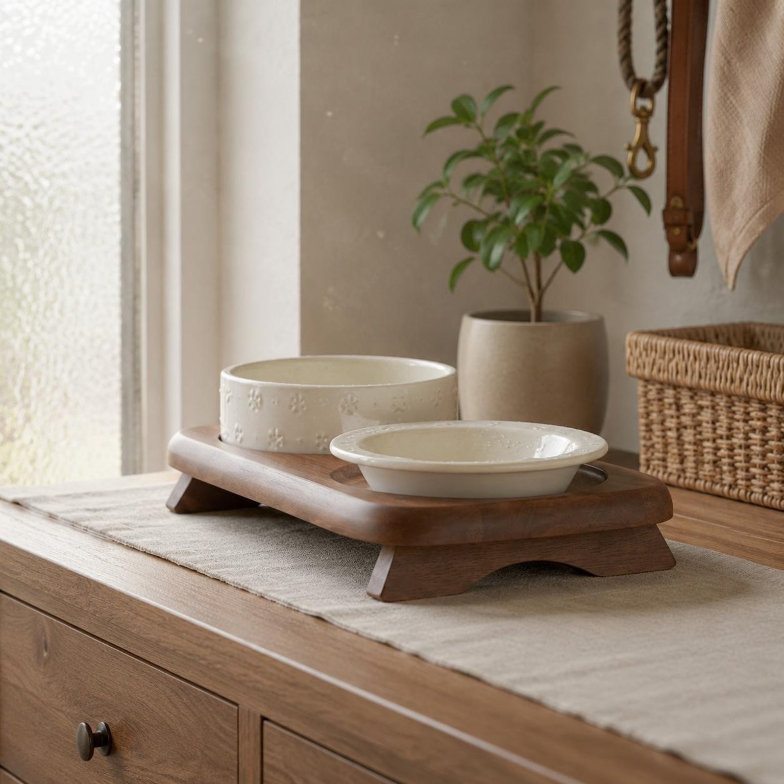 Double Ceramic Pet Bowl Wooden Stand Feeder
