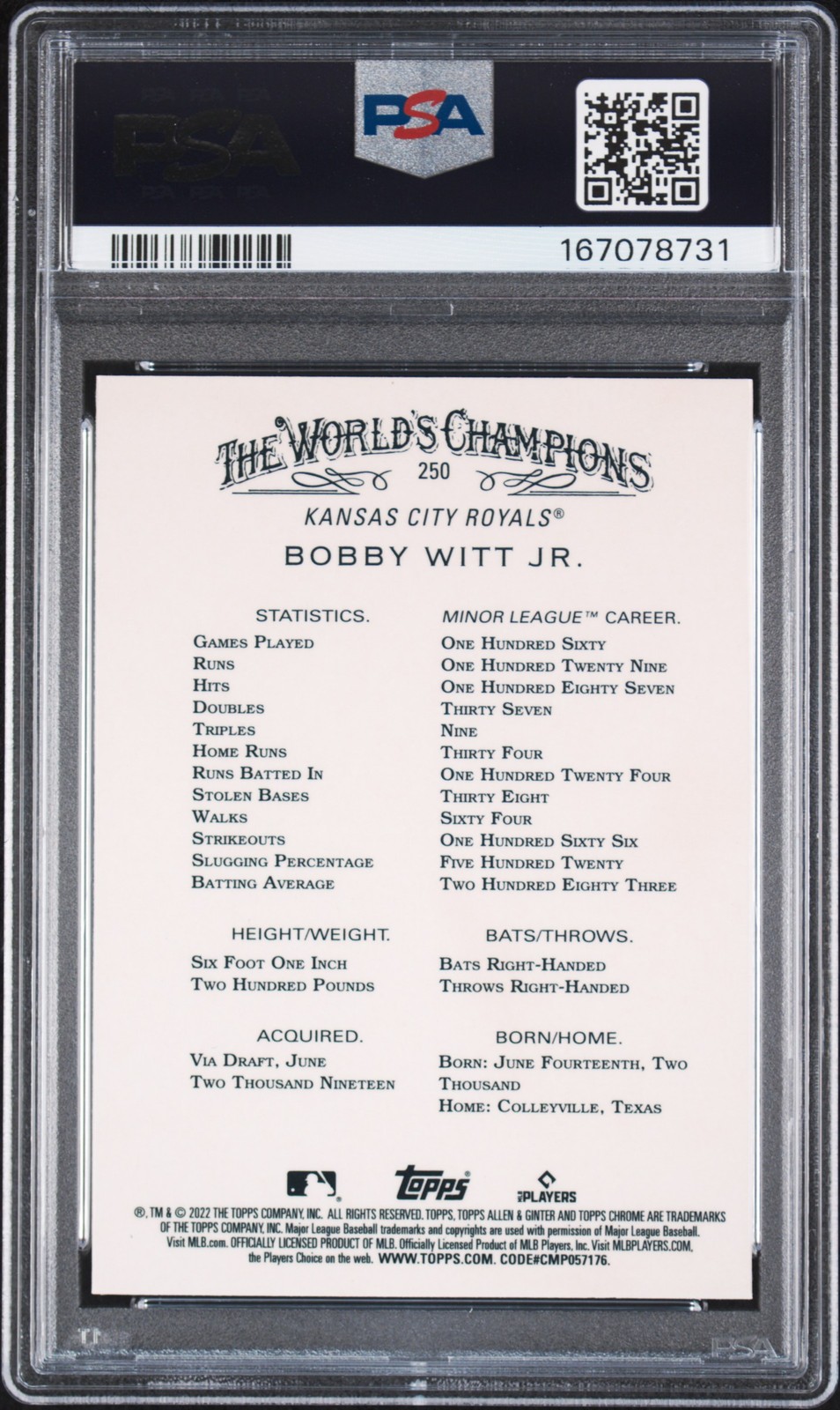 167078731 Bobby Witt Jr 2022 Topps Allen & Ginter Chrome #250 Rookie RC PSA 10 view 2